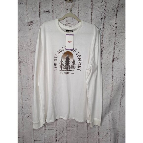 Levi's White Long Sleeve Shirt Crewneck Classic Fit Graphic Logo Plus size Top X - Picture 1 of 9